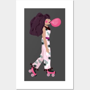 Girl chewing gum on roller skates Posters and Art